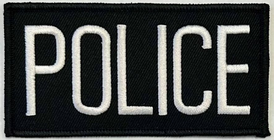 POLICE ID PATCH - 4"W X 2"T - WHITE ON BLACK - VELCRO.